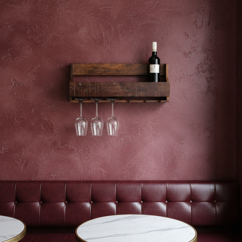 Kayu Living industrial wall-mounted wine rack made from reclaimed FSC-recycled wood with hanging wine glass slots.