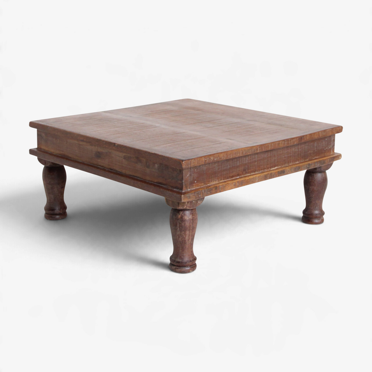 Kayu Living small square Factory Bajot side table made from FSC-recycled Indian wood with hand-turned legs.