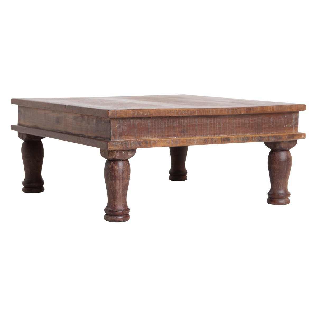 Kayu Living small square Bajot side table made from FSC-recycled Indian wood with hand-turned legs and rustic patina.