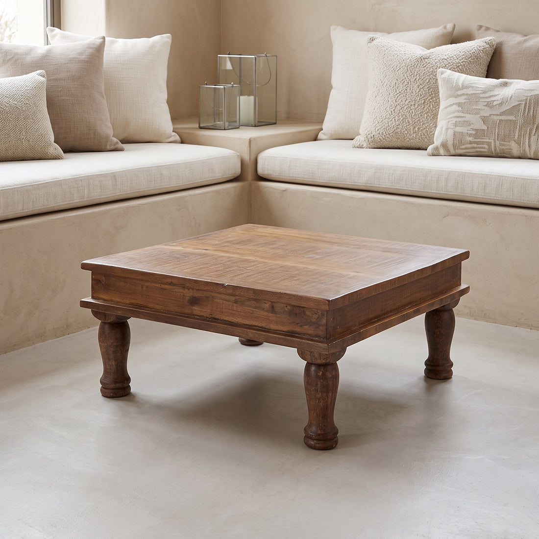 Kayu Living small square Bajot side table made from FSC-recycled Indian wood with hand-turned legs and rustic patina.