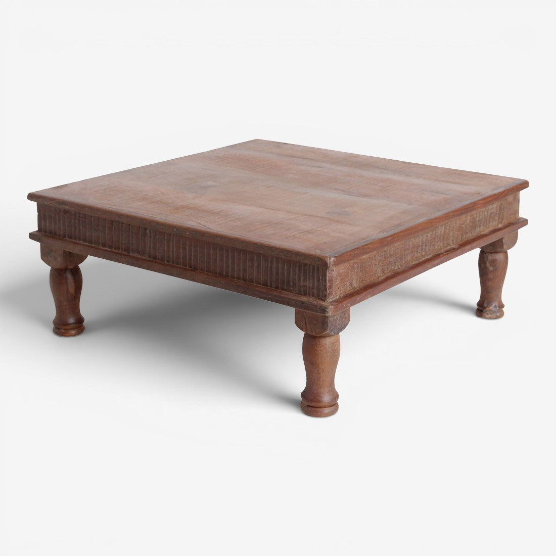 Kayu Living Factory Bajot low side table made from rustic FSC-recycled wood with hand-turned legs and grooved edges.