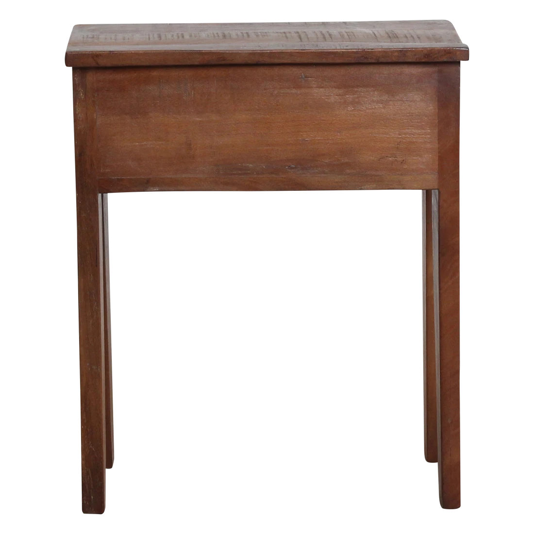 Kayu Living Factory bedside table made from rustic FSC-recycled wood with a warm brown patina and tapered legs.