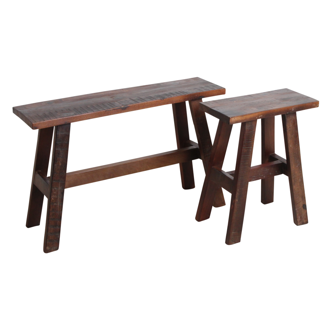 Kayu Living medium industrial bus stop bench and matching stool made from rustic FSC-recycled wood with warm patina.
