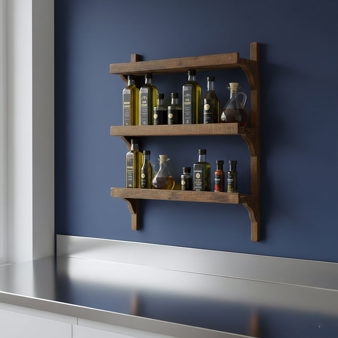Kayu Living industrial wall shelf made from FSC-recycled wood with three tiers holding various glass spice bottles.
