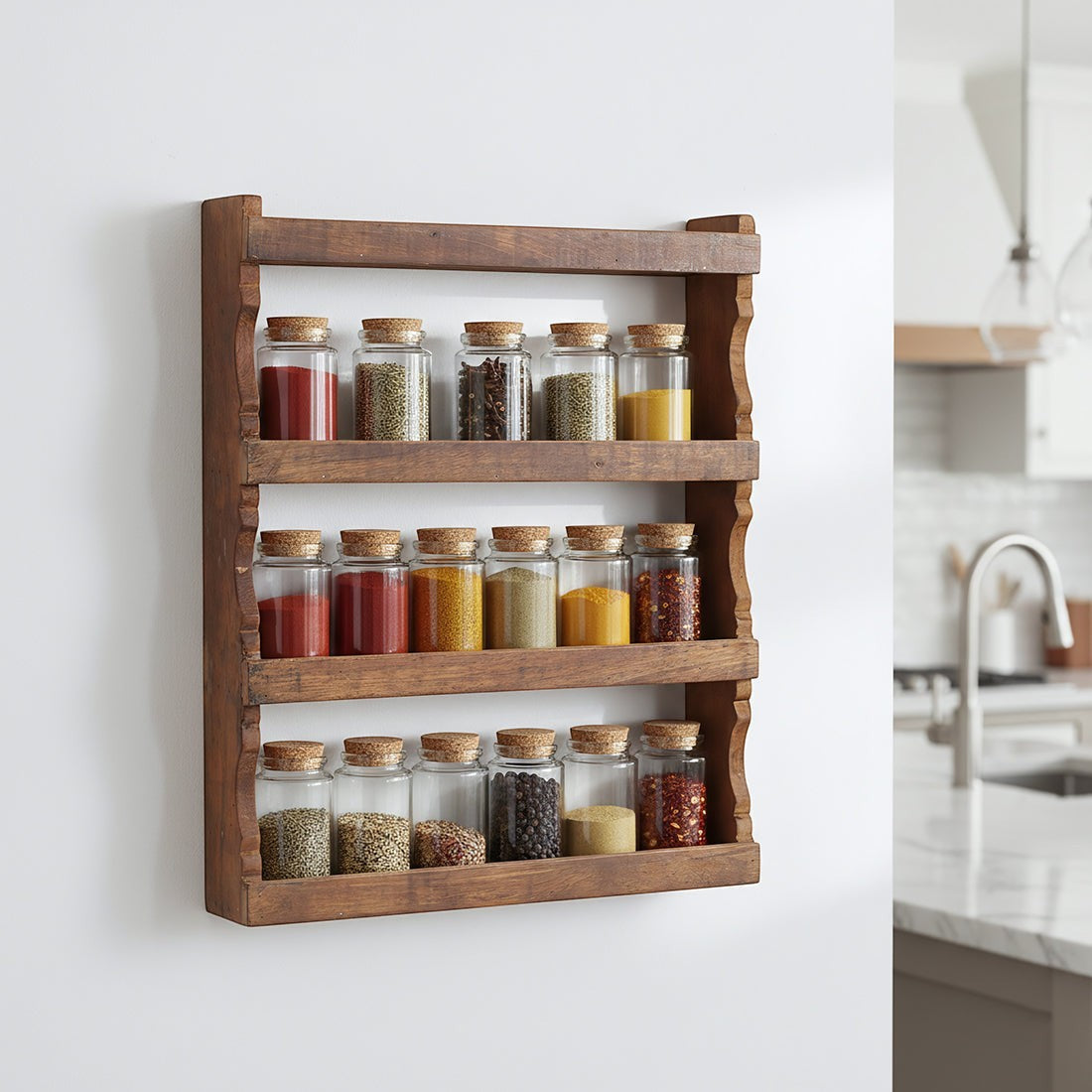 Kayu Living wall-mounted herb rack made from FSC-recycled wood with three tiers holding glass spice jars with cork lids
