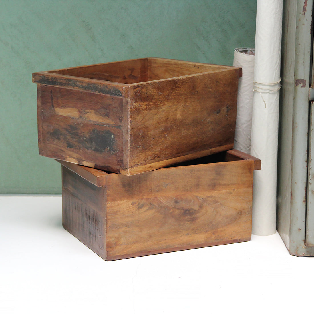 Kayu Living rustic factory storage crates made from FSC recycled wood with a warm patina, stacked for organization.