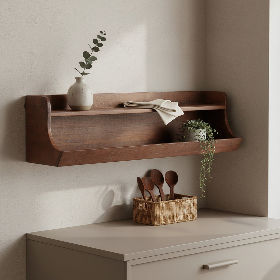Kayu Living double-level wall shelf made from FSC-recycled hardwood with a raised edge for secure storage.