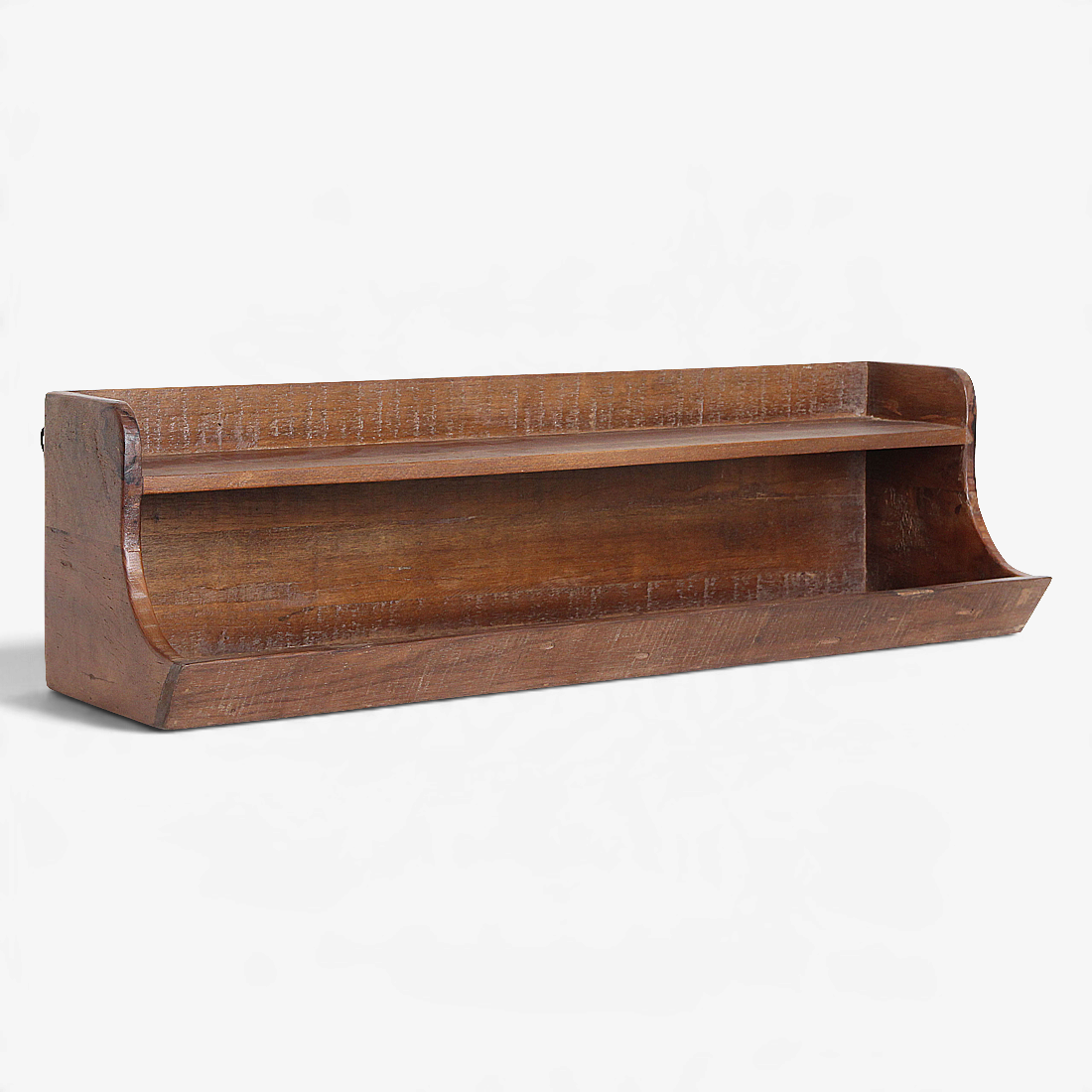 Kayu Living double-level wall shelf made from dark FSC-recycled hardwood with a raised edge for secure storage.