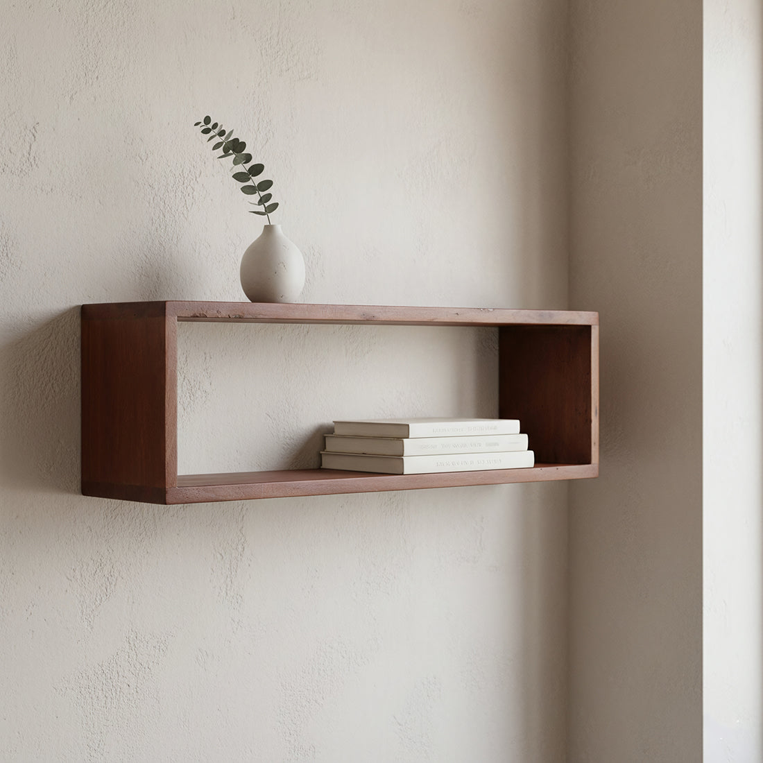 Kayu Living industrial wall shelf box made from dark FSC-recycled timber mounted on a textured beige wall.