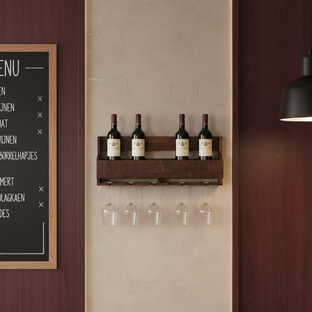 Kayu Living industrial hanging wine rack made from reclaimed FSC-recycled wood with wine bottles and glass storage