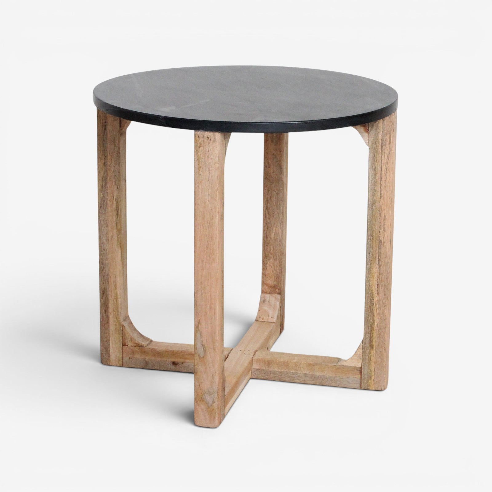 Kayu Living round side table featuring a black marble top with white veining on a light mango wood crossed base.