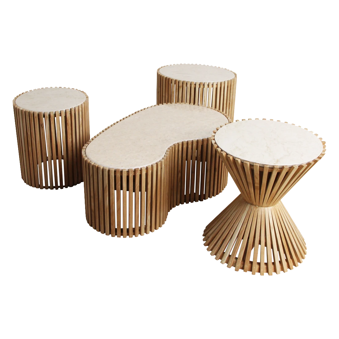 Kayu Living Infinity round marble side tables with natural Sungkai wood slatted bases in various organic shapes.