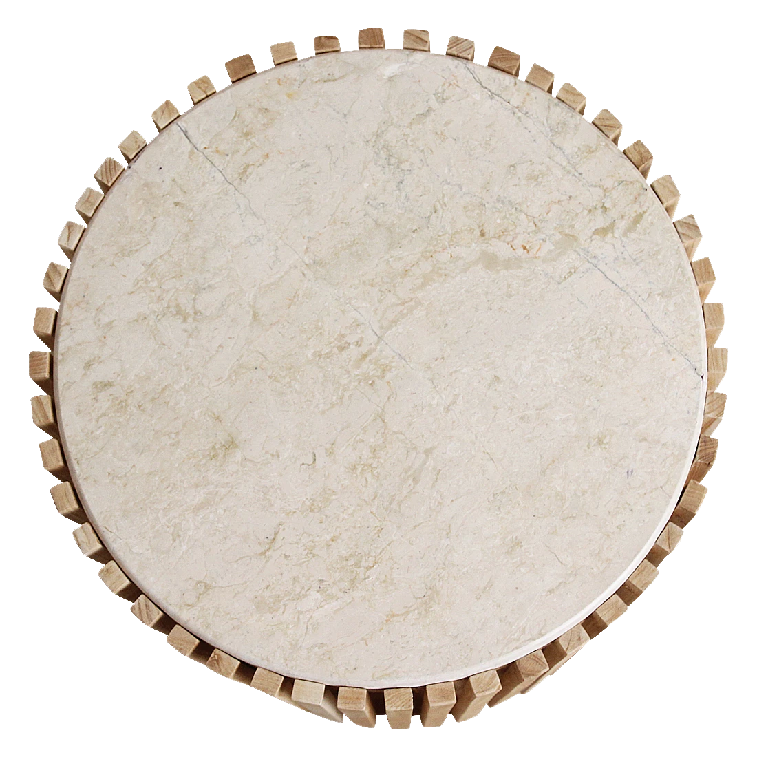 Kayu Living Infinity round side table with a natural marble top and a slatted Sungkai wood base, top-down view.