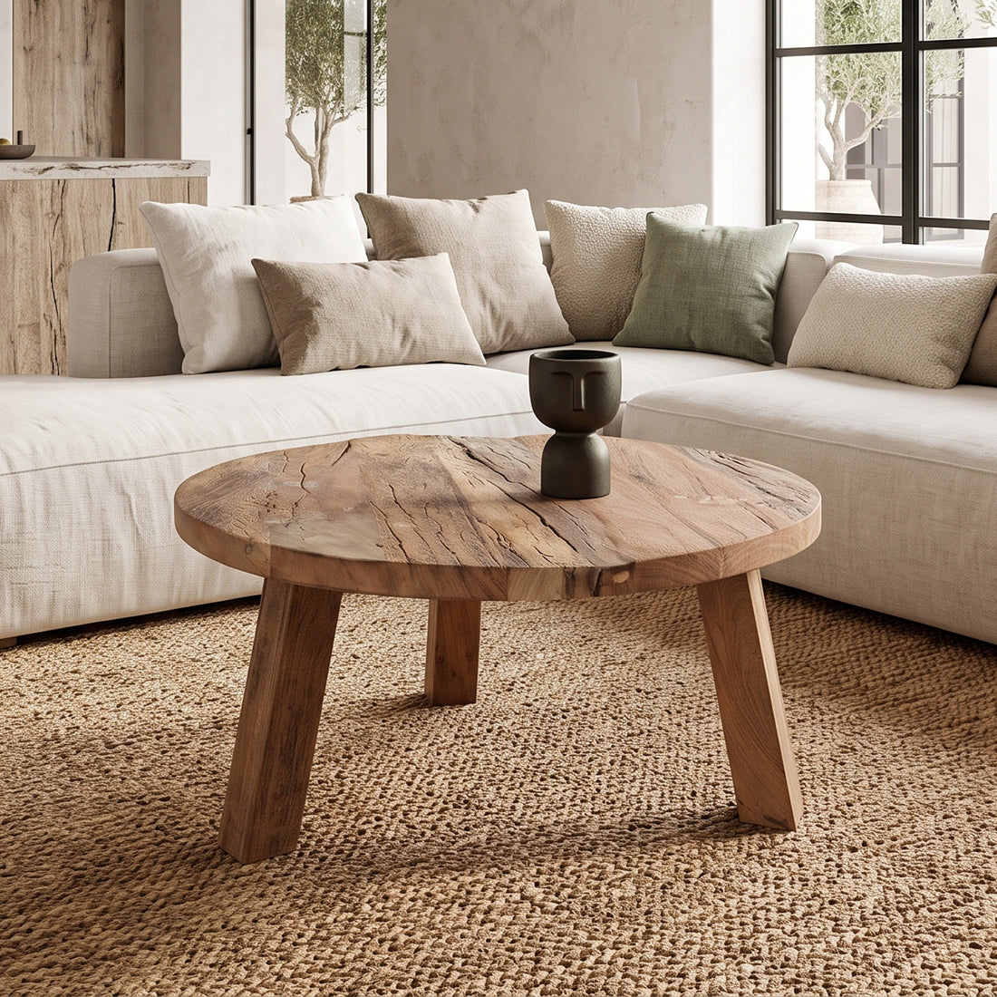 Kayu Living round Farmwood coffee table in brown reclaimed wood with natural grain and knots in a living room.