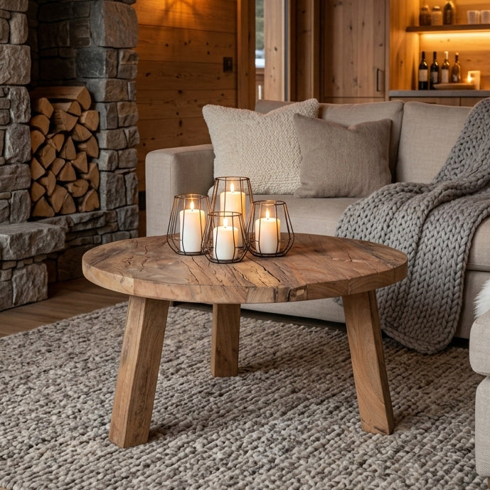 Kayu Living round Farmwood coffee table in brown reclaimed wood with natural grain and knots in a cozy living room.