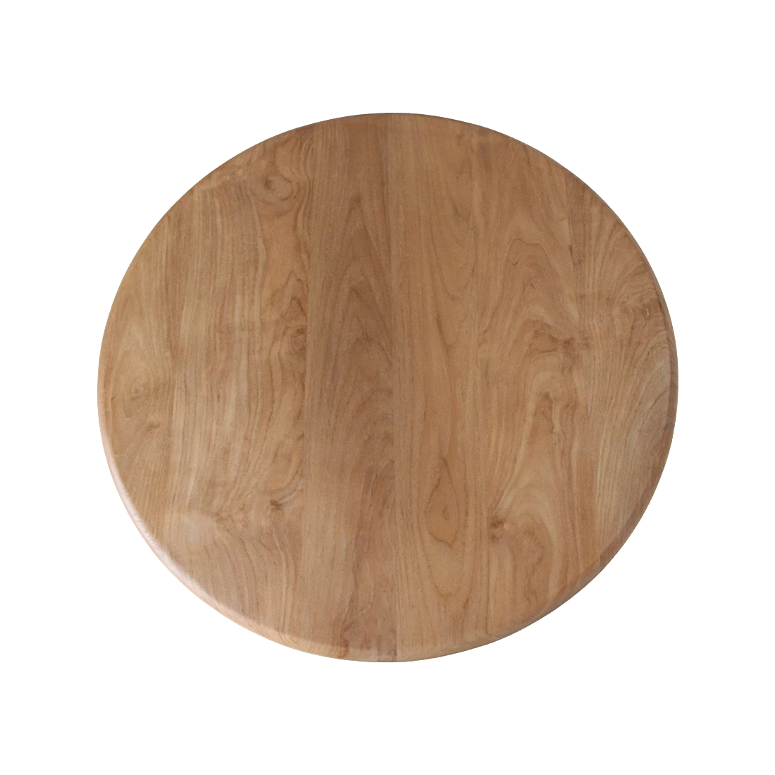 Kayu Living round teak bistro table top with visible wood grain, viewed from directly above on a black background.