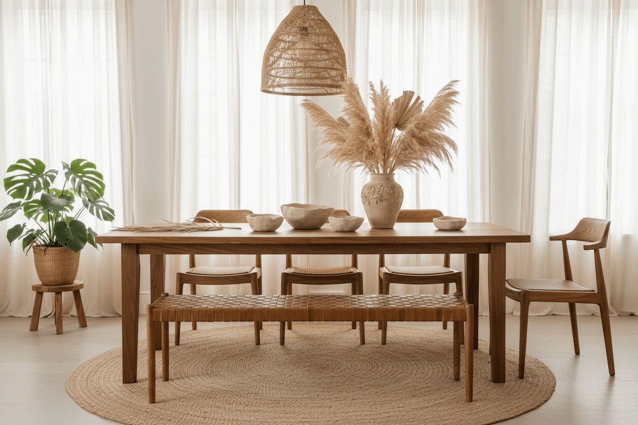 Kayu Living Sanur 180cm bench with handwoven camel leather seat and solid teak frame. Perfect for dining or hallway.