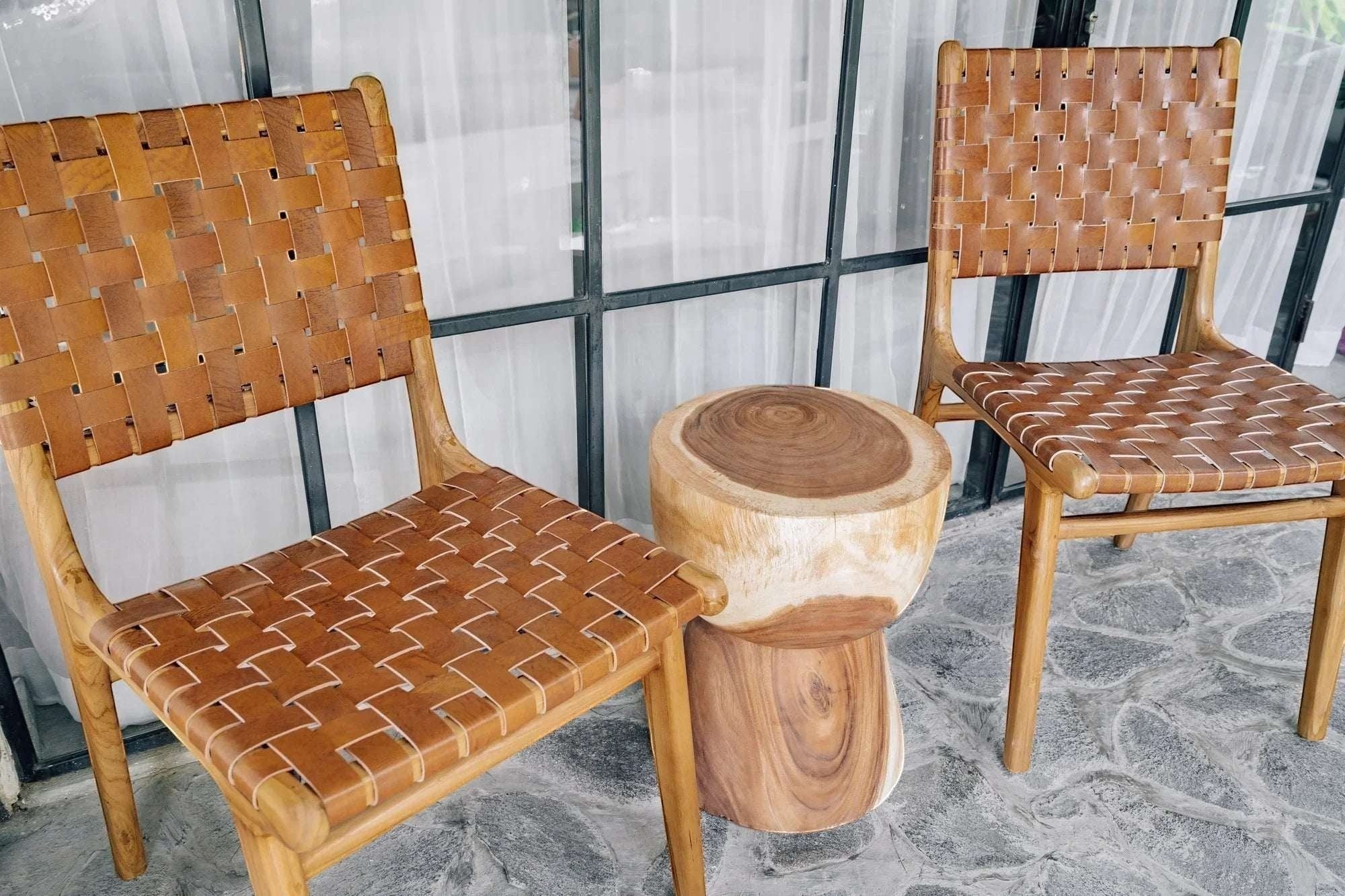 Kayu Living Sanur dining chair with hand-woven camel brown leather seat and teak frame.