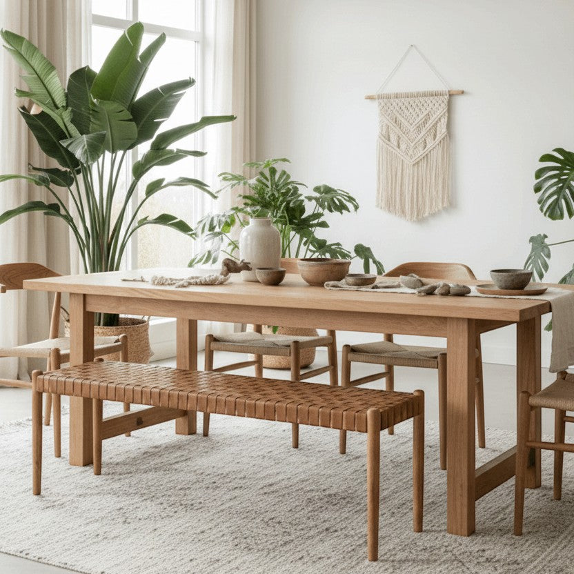 Kayu Living Sanur 180cm bench with solid teak frame and handwoven camel leather seat, perfect for dining or living spaces.