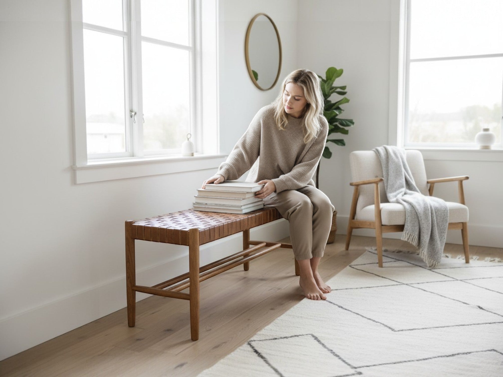 Kayu Living Sanur 120 cm bench with solid teak frame and handwoven camel leather seat. Versatile for hallways or living rooms.