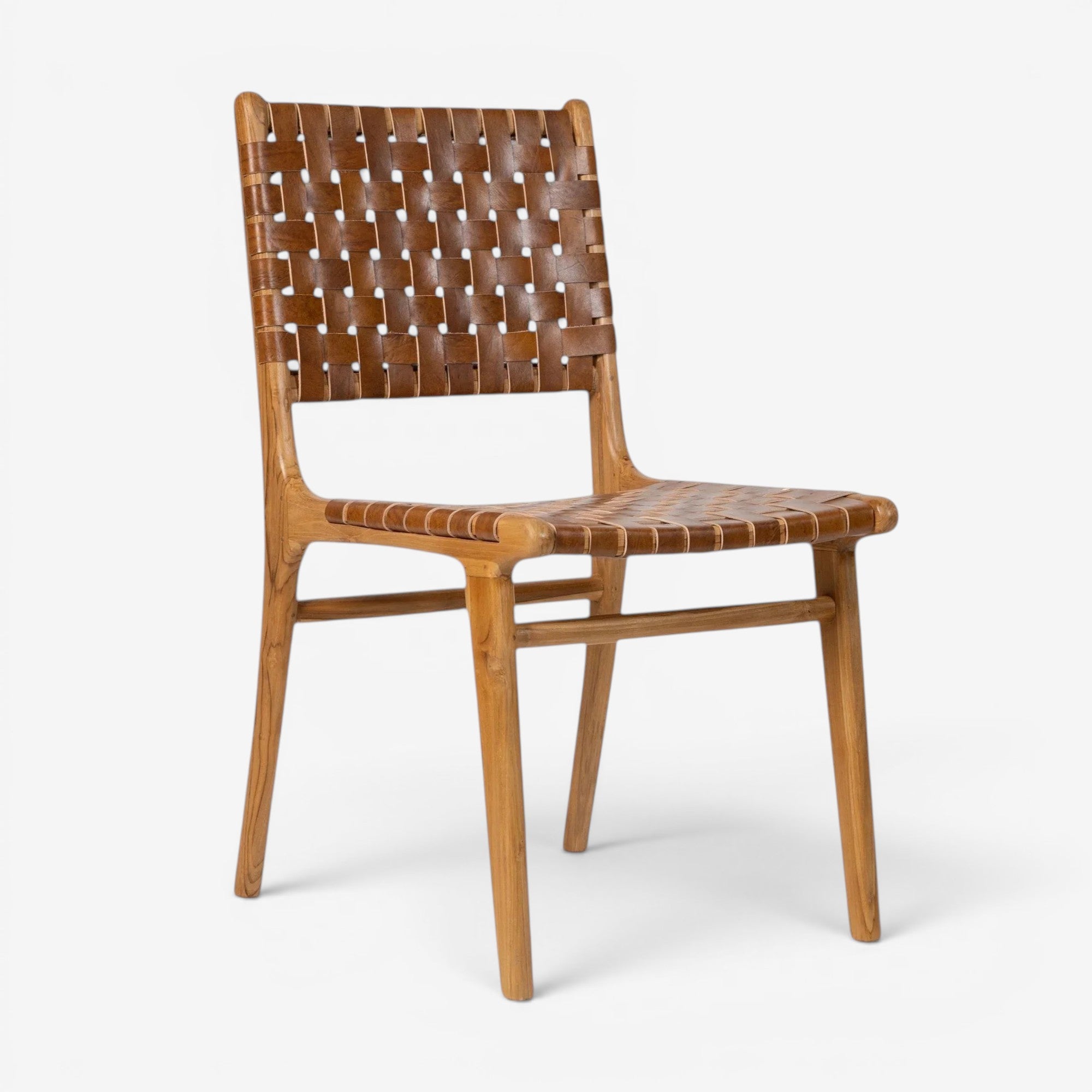 Kayu Living Sanur dining chair with woven camel brown leather seat and teak frame.