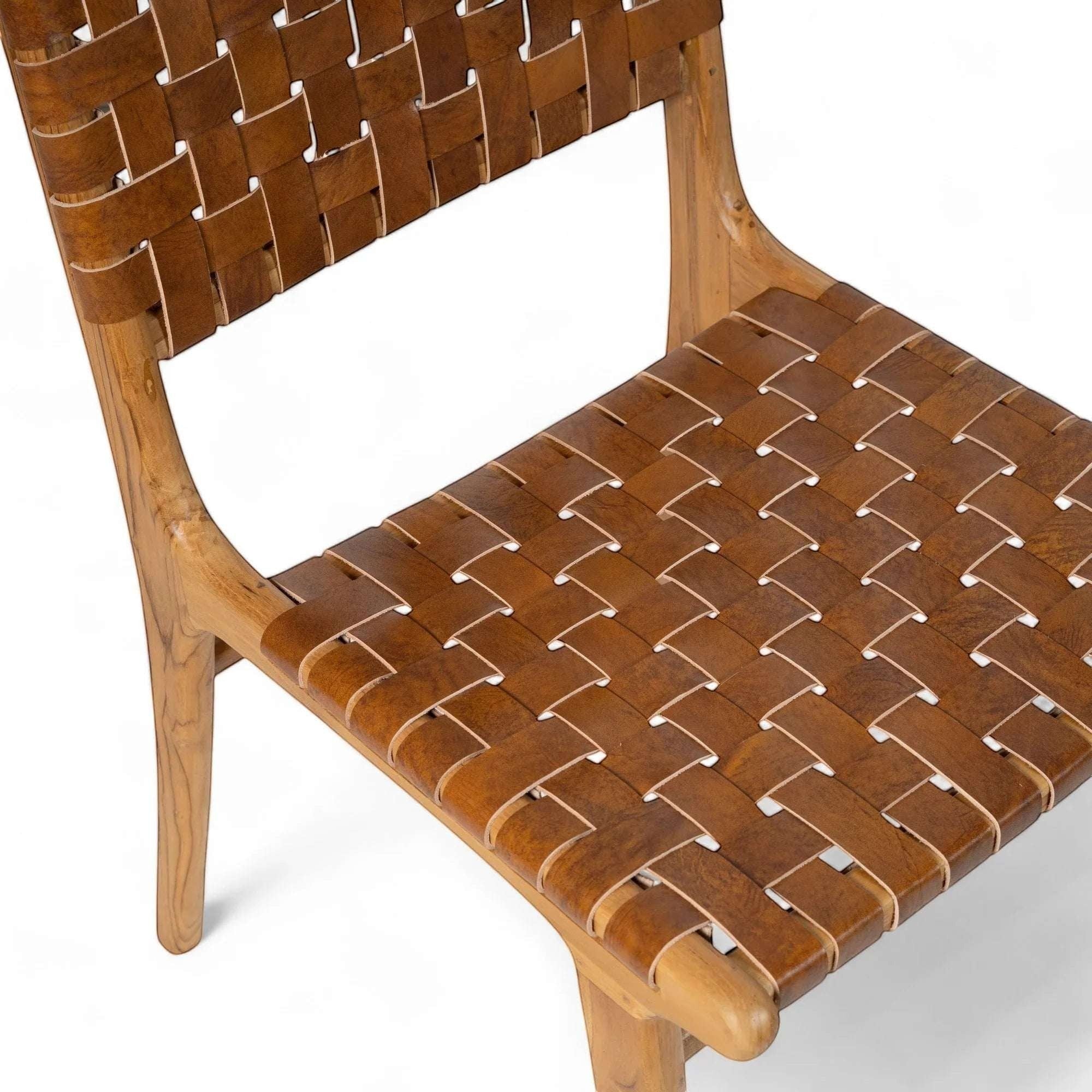 Kayu Living Sanur dining chair with woven camel brown leather seat and natural teak frame.