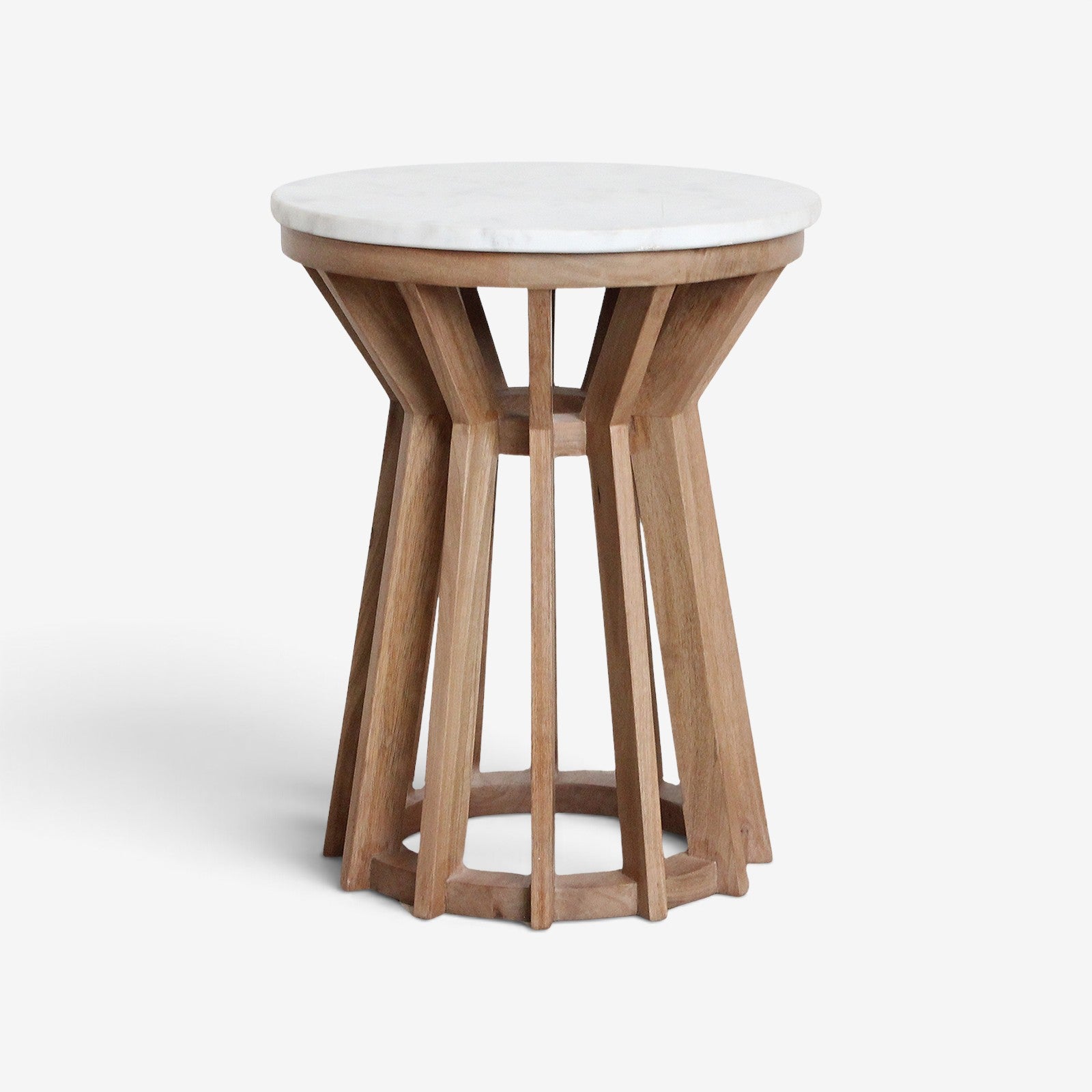 Kayu Living Sarawak round white marble side table with a natural mango wood slatted base on a white background.
