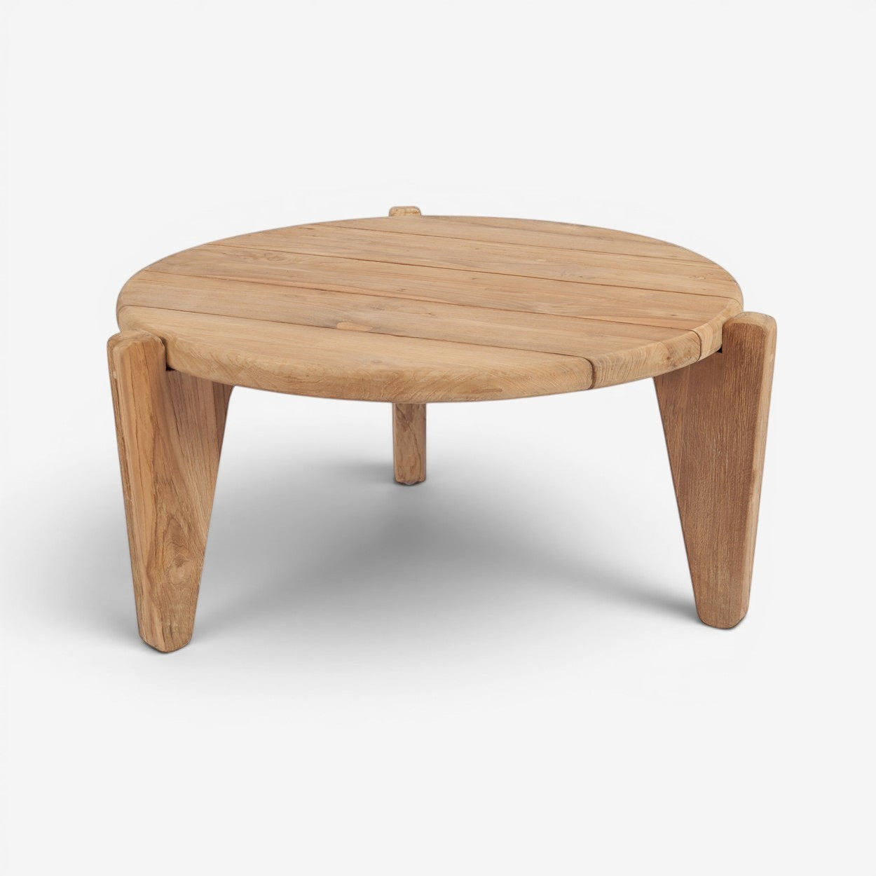 Kayu Living Seseh outdoor coffee table crafted from reclaimed teak with a distinctive three-leg silhouette and natural grain.