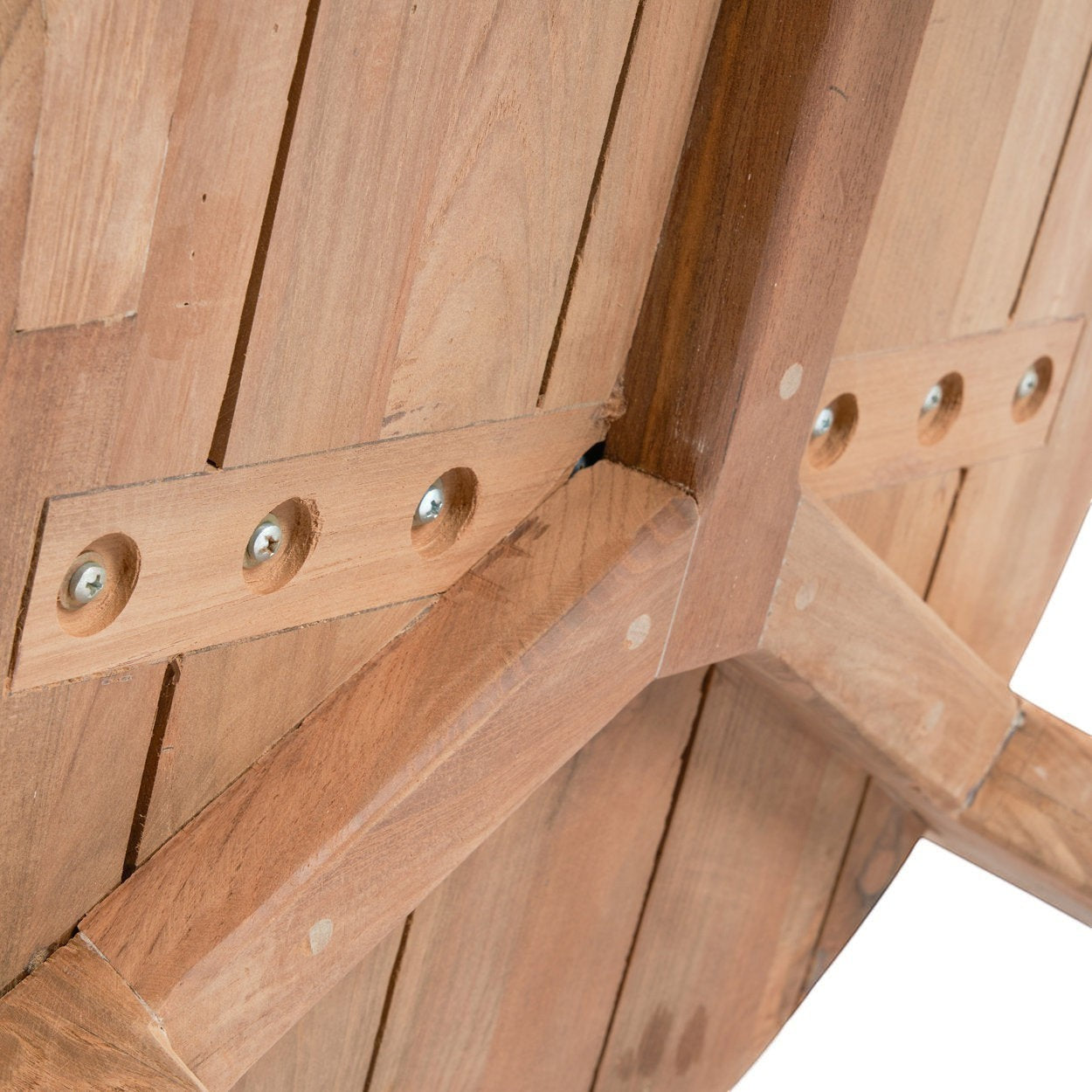 Kayu Living Seseh outdoor coffee table crafted from reclaimed teak wood, showing underside construction and three-leg base.