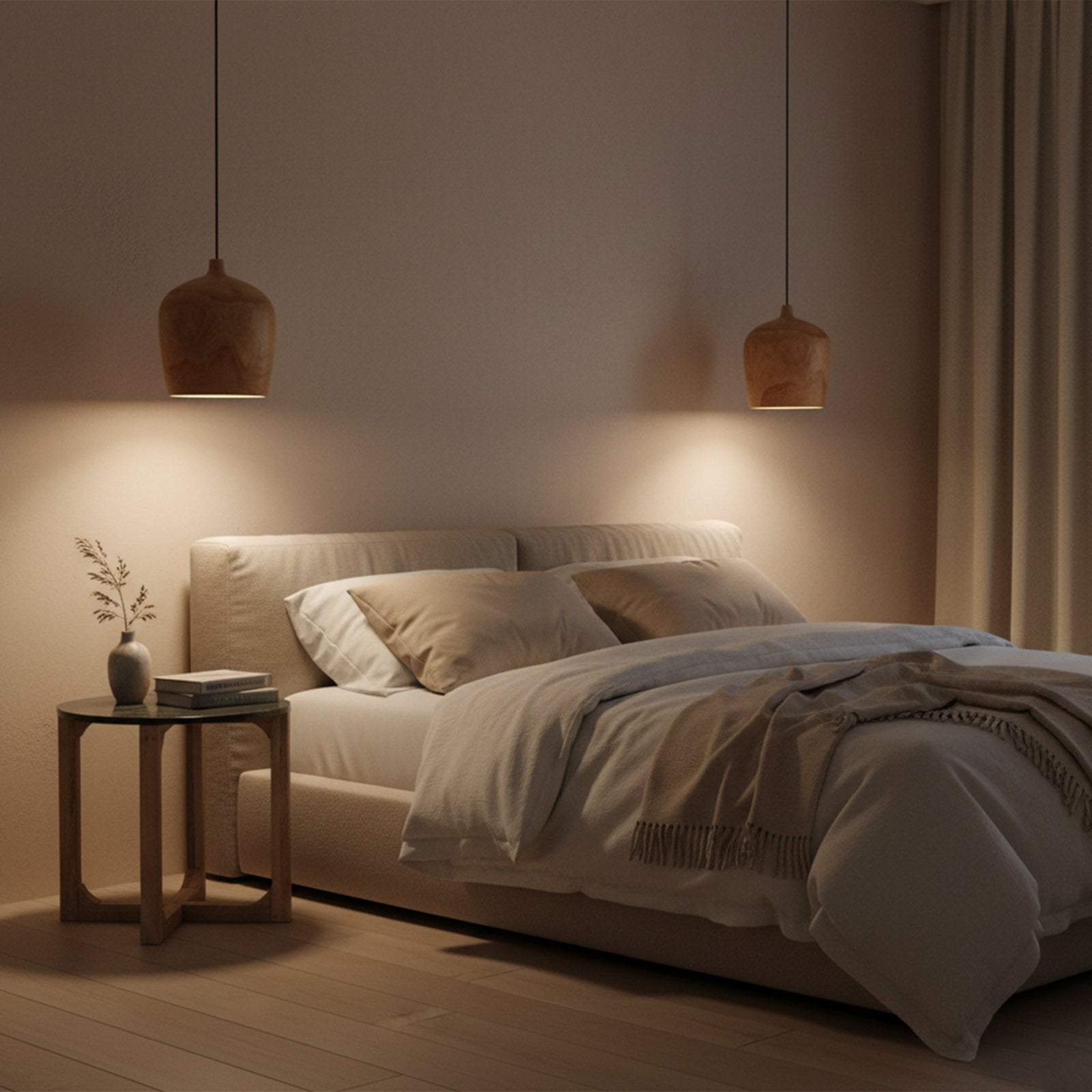 Kayu Living Sirocco Bottle pendant lamps in solid teak wood hanging over a modern bedroom bed with warm lighting