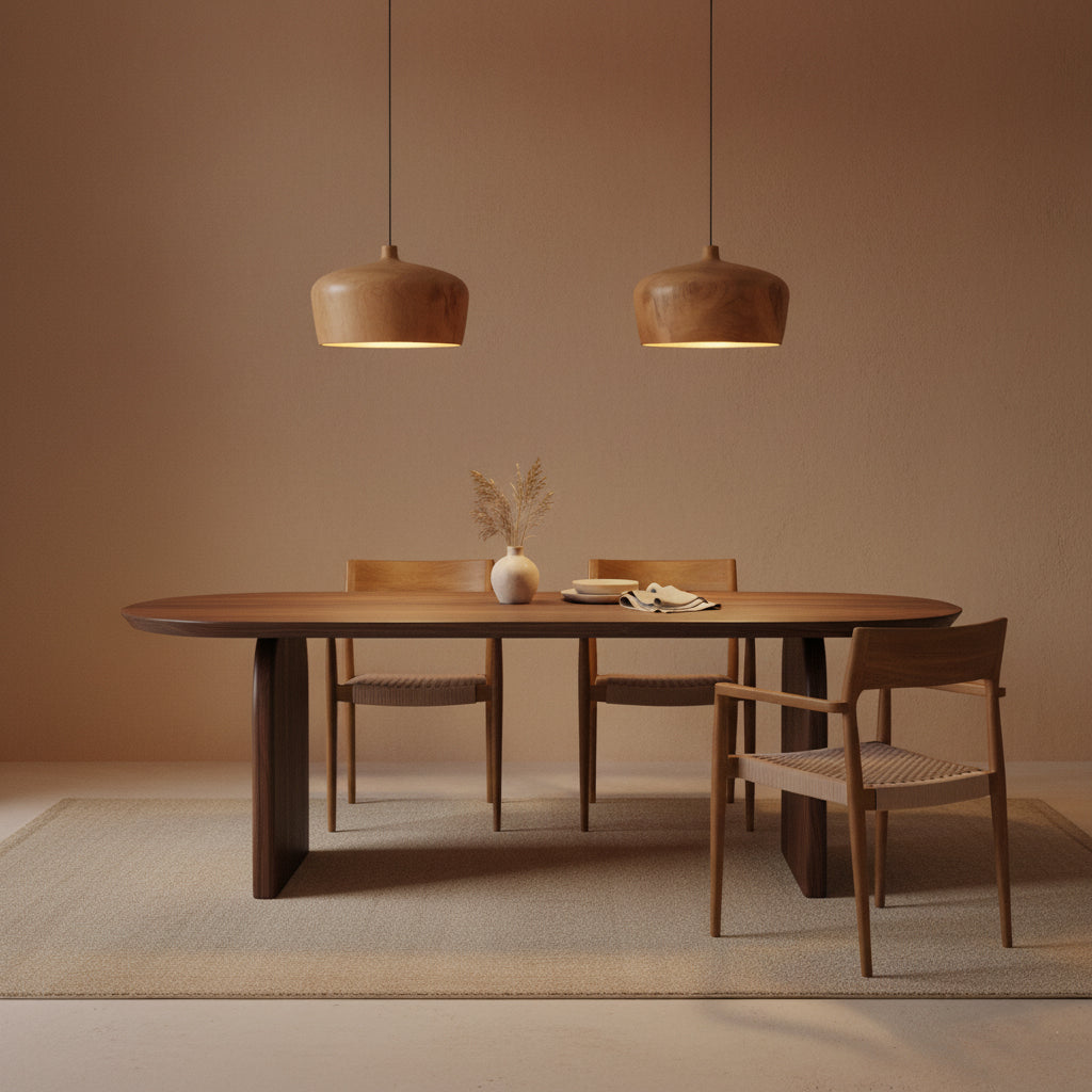Kayu Living Sirocco dome-shaped teak pendant lamps hanging over a wooden dining table in a warm, minimalist room.
