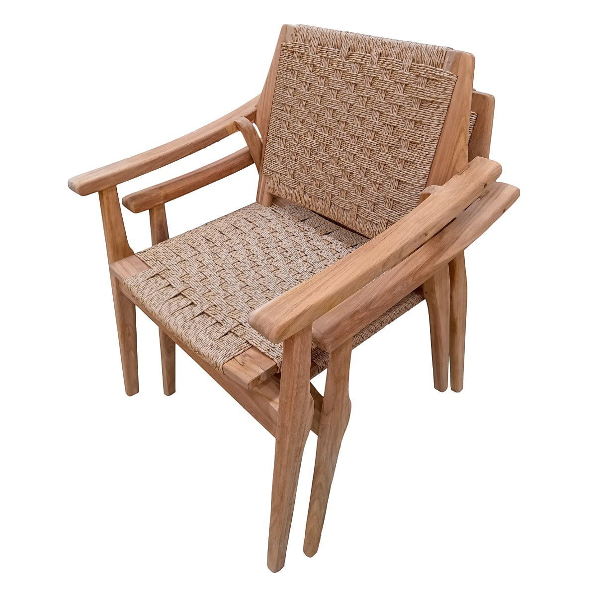 Kayu Living Stacking Silla chair made of natural teak wood with a woven rattan seat and backrest