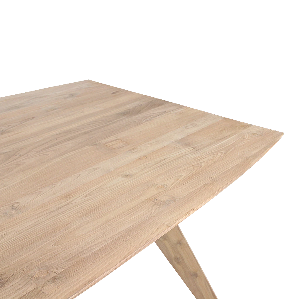Kayu Living Studio 200cm dining table made from light natural teak wood with a distinctive grain pattern and angled legs.