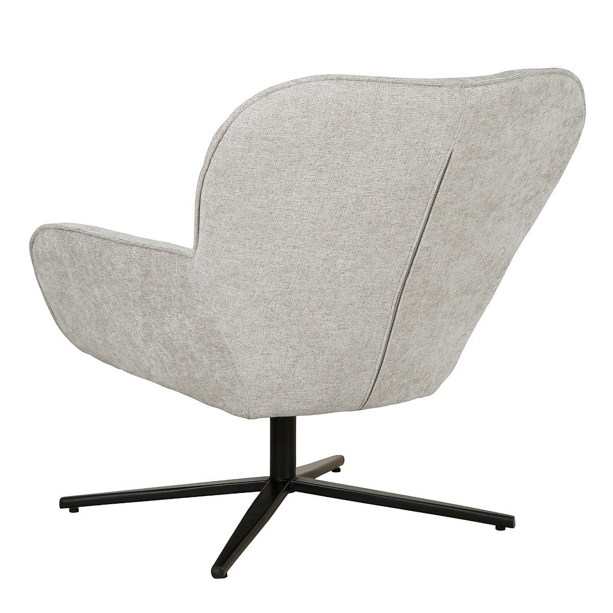 Kayu Living Sven Bisque swivel armchair in toffee fabric with a black metal cross base, back view.