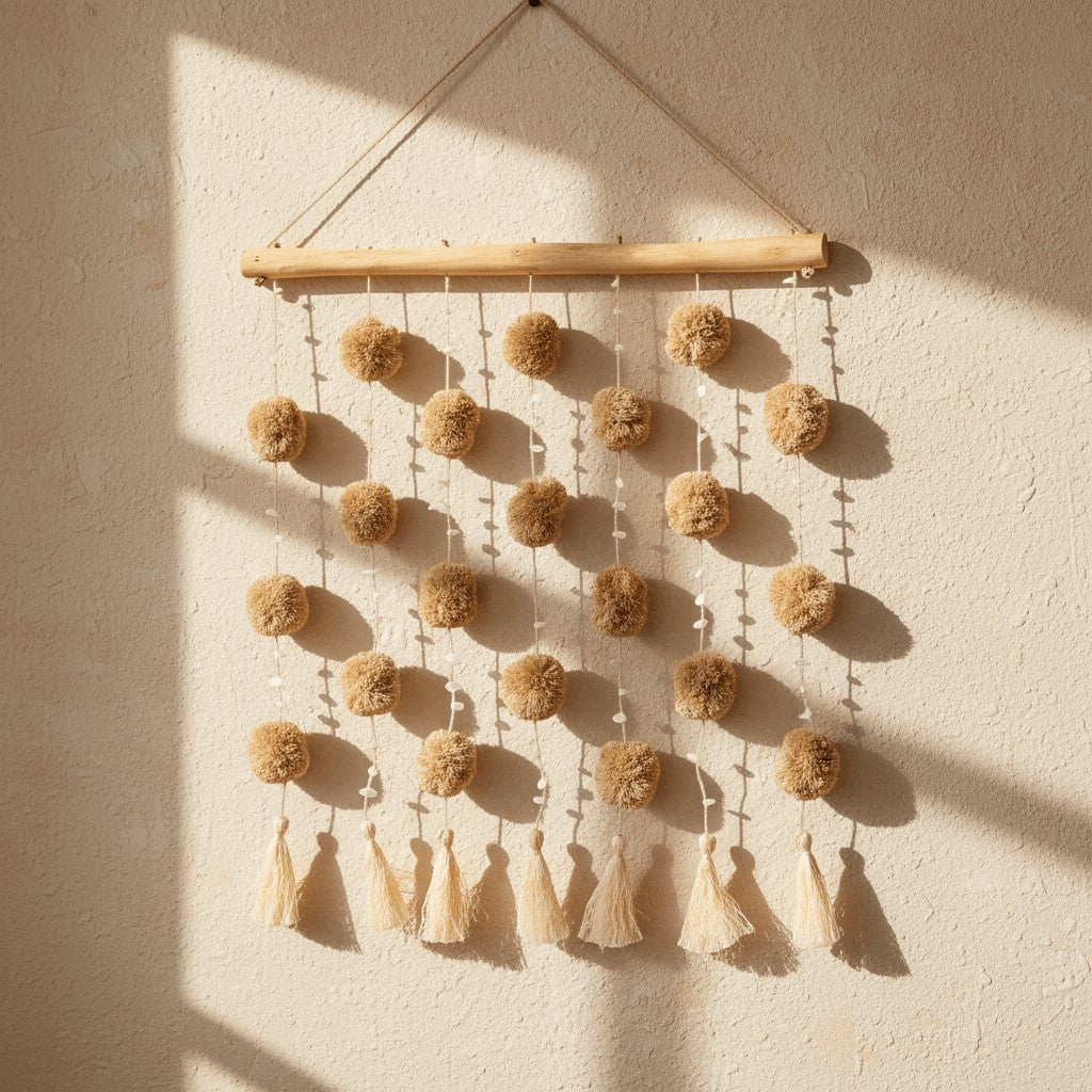 Kayu Living natural tan pom pom wall hanging with tassels and wooden dowel.