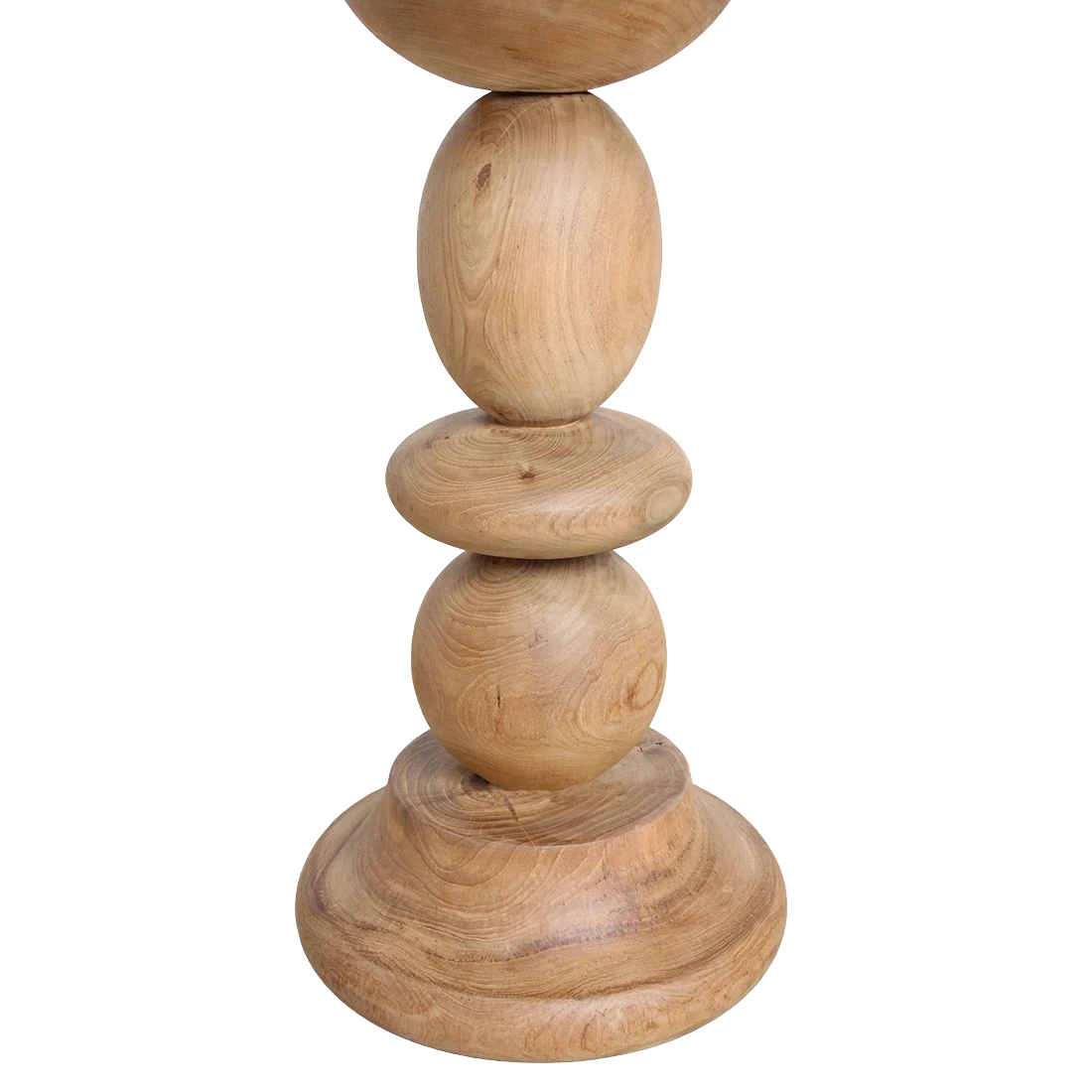 Kayu Living round teak bistro table with a unique stacked spherical base, crafted from solid natural wood.