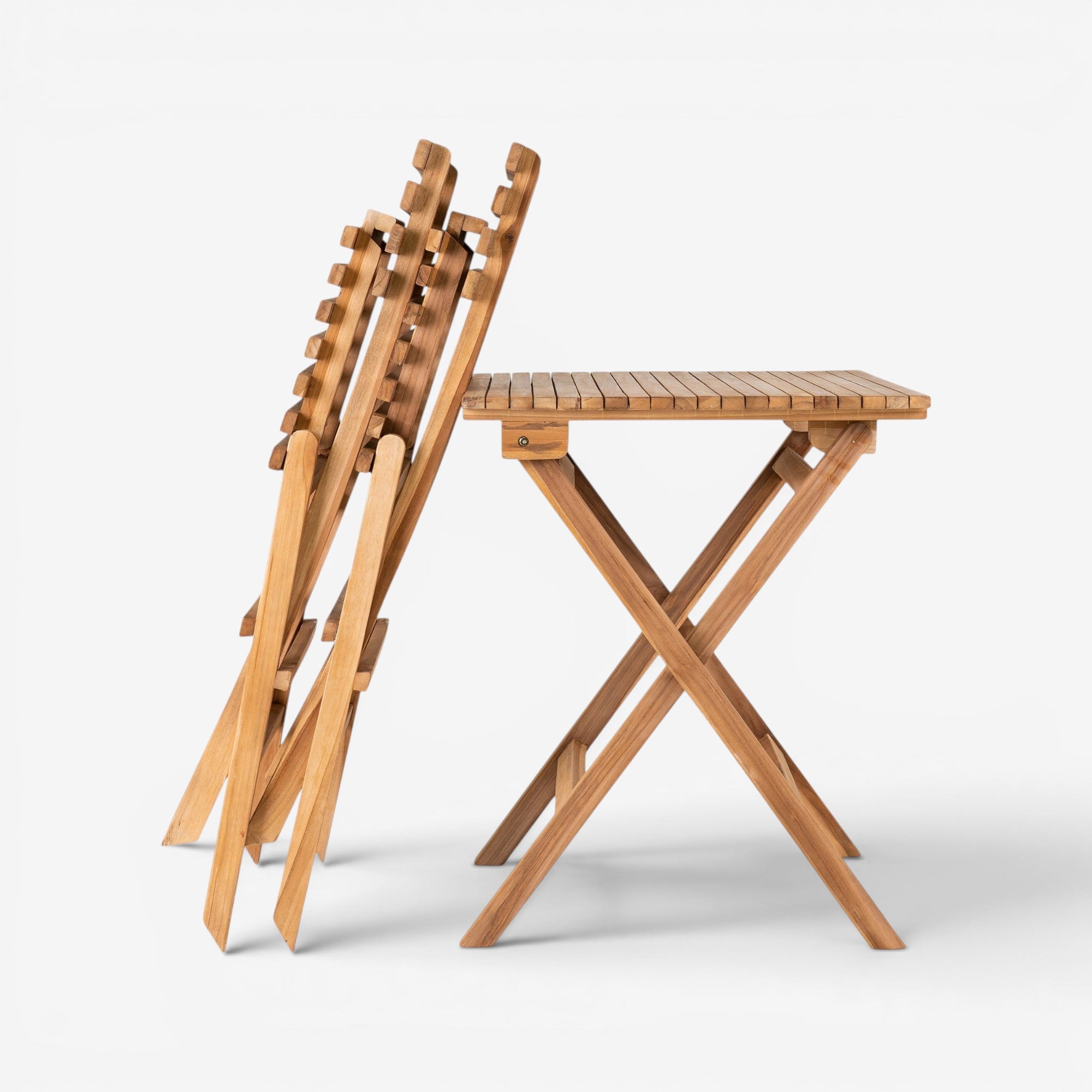 Kayu Living elegant natural teak coffee set with two folding chairs and a square table. Weather-resistant outdoor furniture.