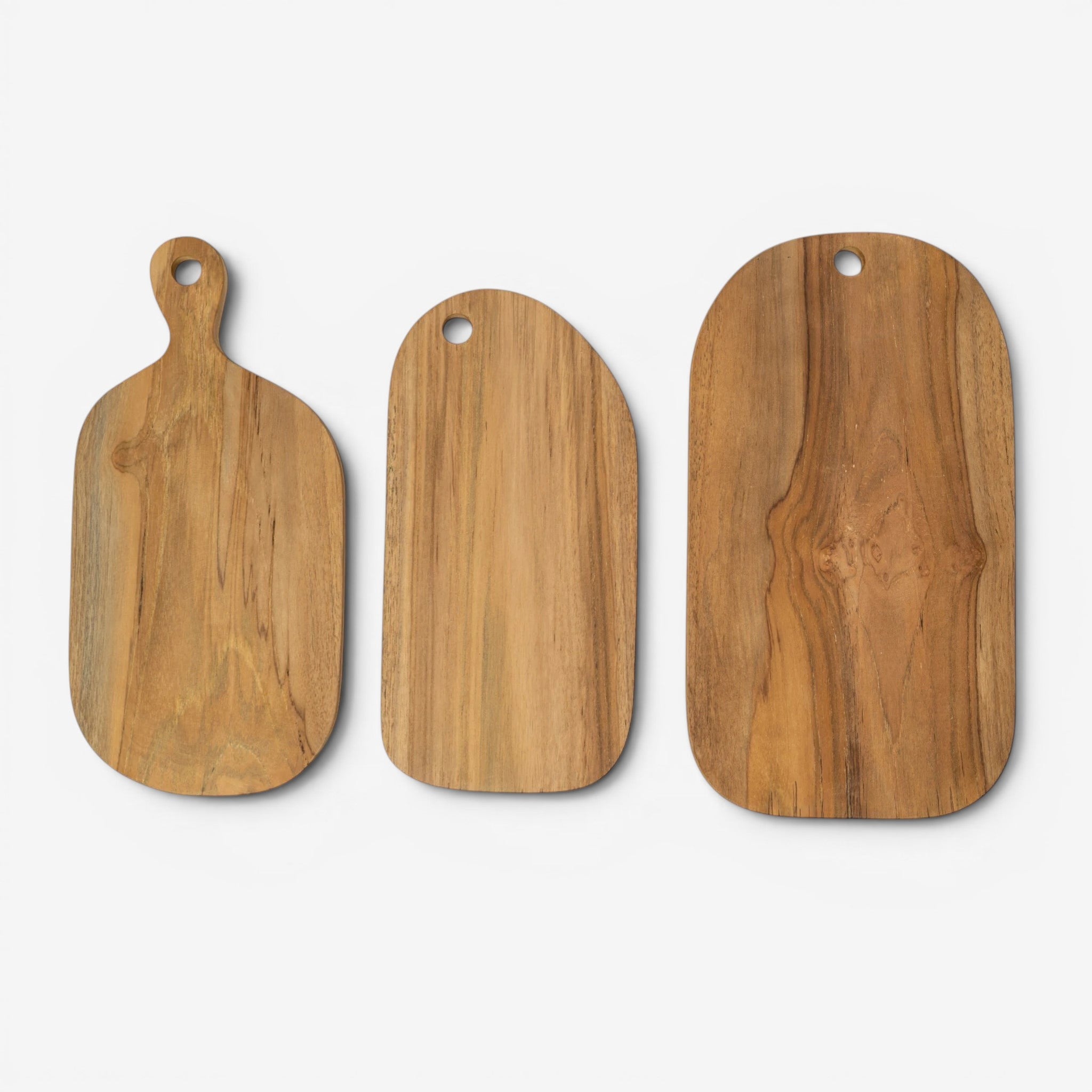 Kayu Living handcrafted teak wood cutting boards, set of 3, natural wood grain, smooth finish, hygienic and durable.
