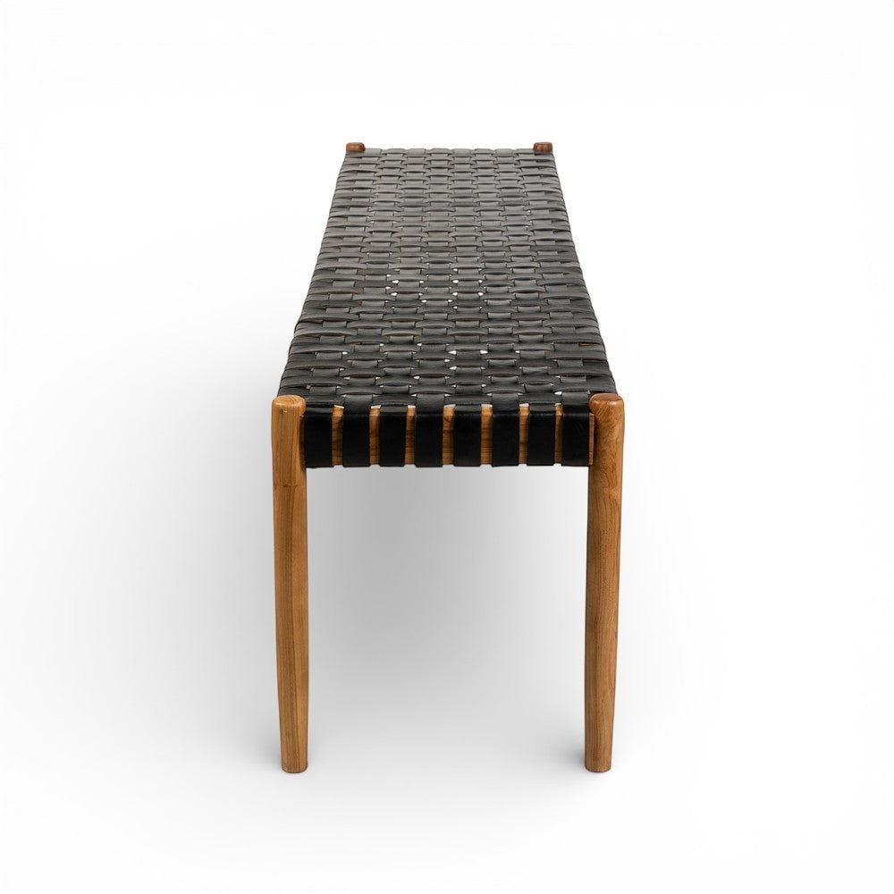 Kayu Living Umalas 180cm bench with solid teak frame and handwoven black leather seat.