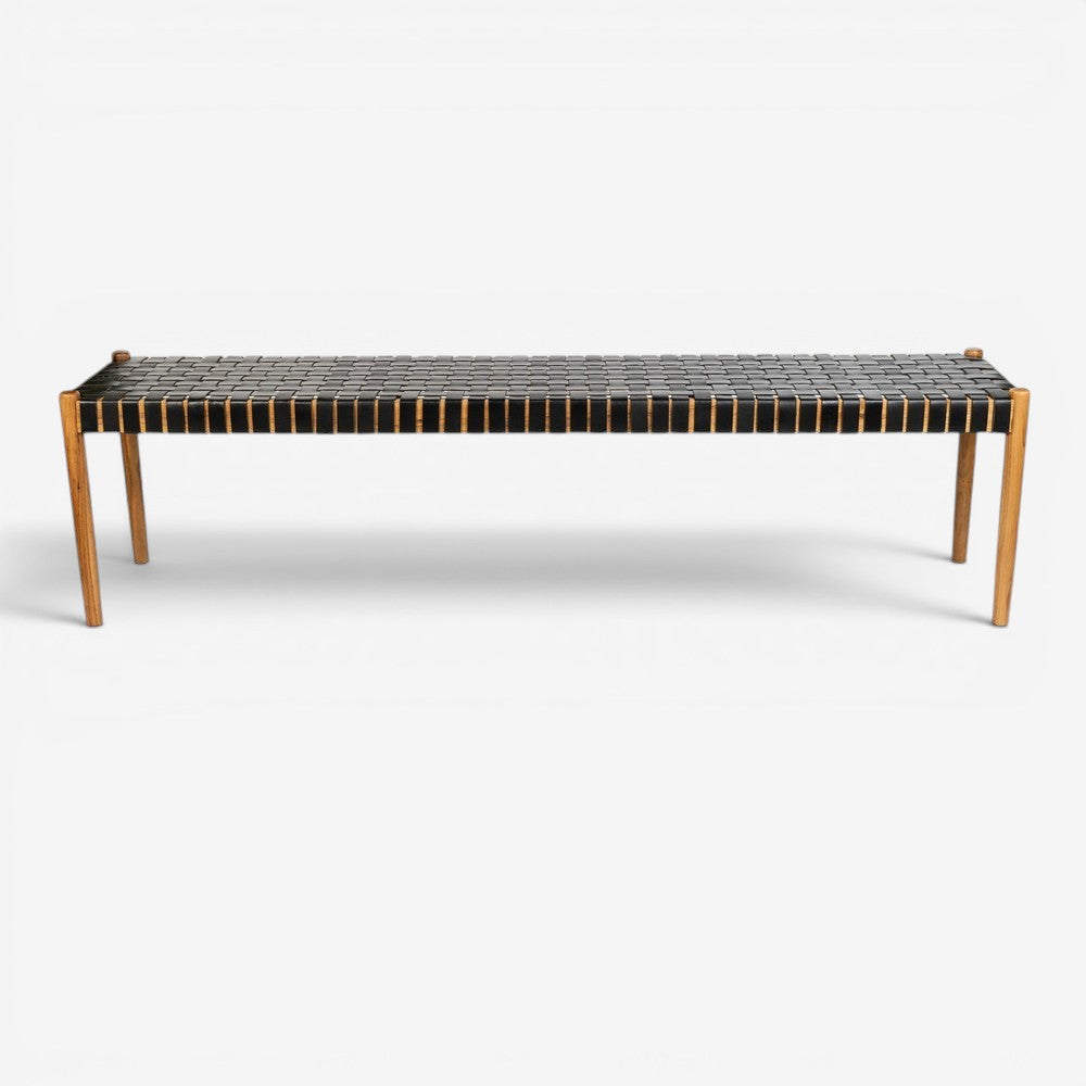 Kayu Living Umalas 180 cm bench with solid teak frame and handwoven black leather seat.