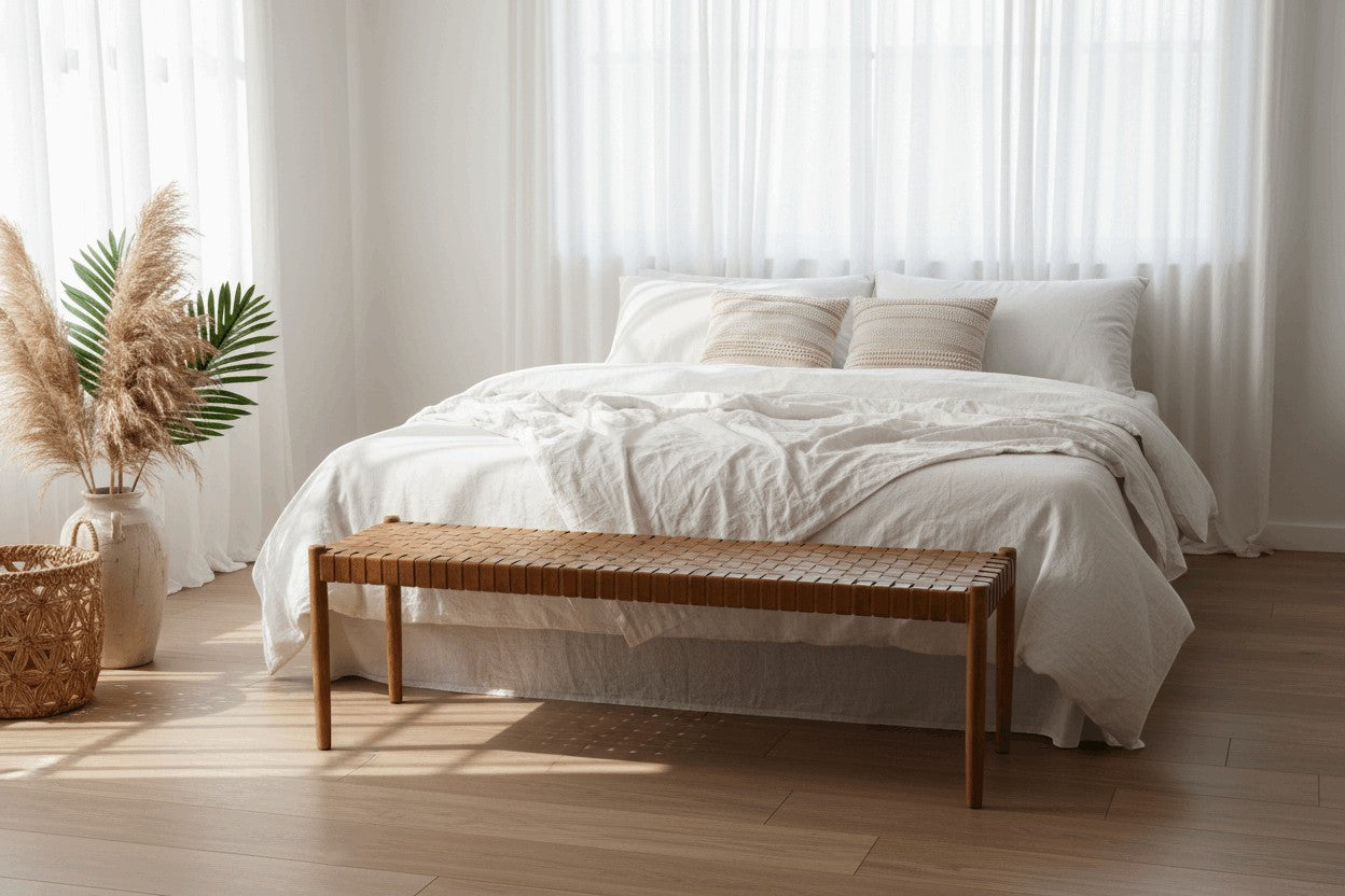 Kayu Living Sanur bench with solid teak frame and handwoven camel leather seat, 180 cm.