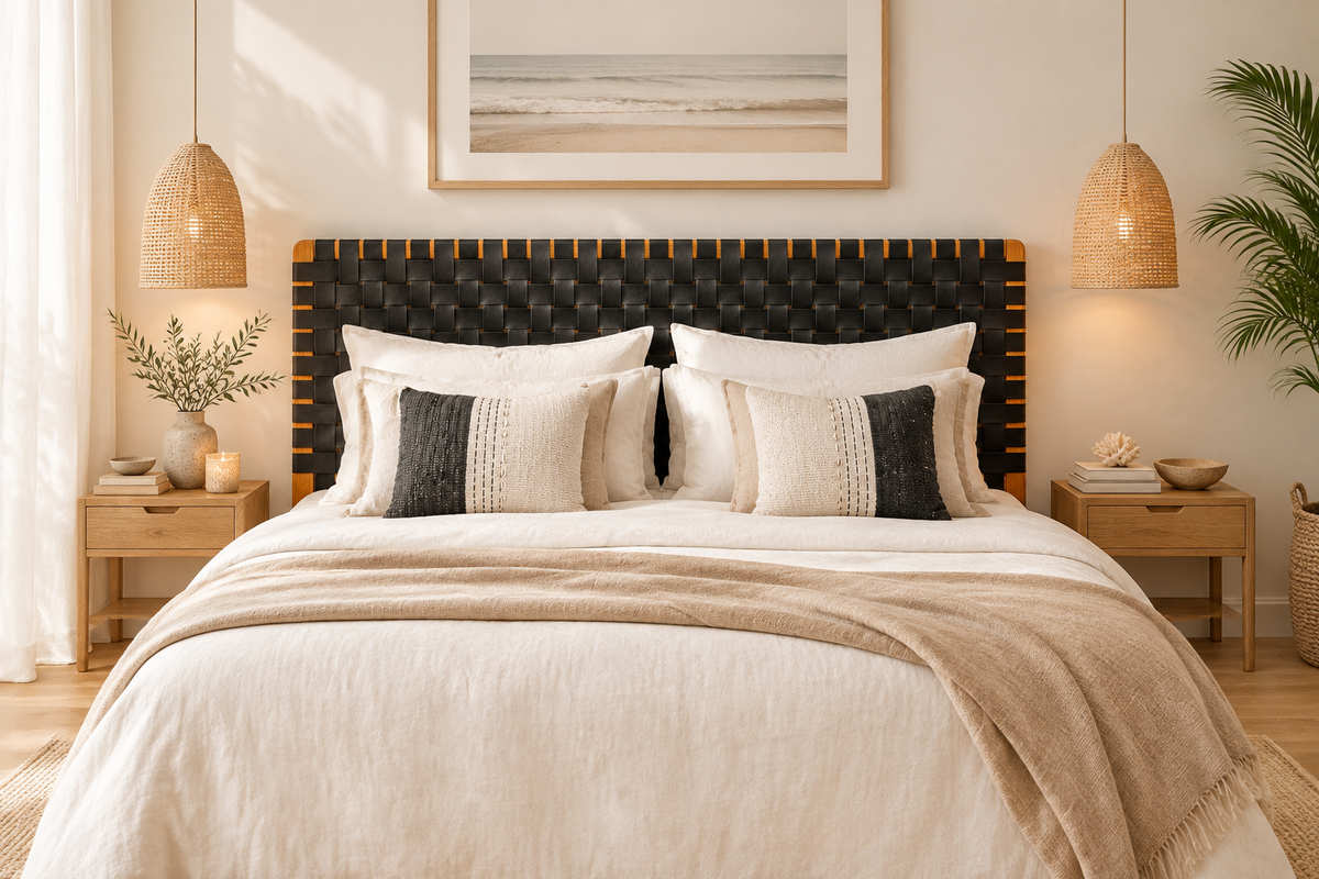 A styled bedroom scene featuring a bed with a black woven headboard, cream bedding, textured accent pillows, a beige throw blanket, wooden nightstands, wicker pendant lights, and a framed beach print on the wall.