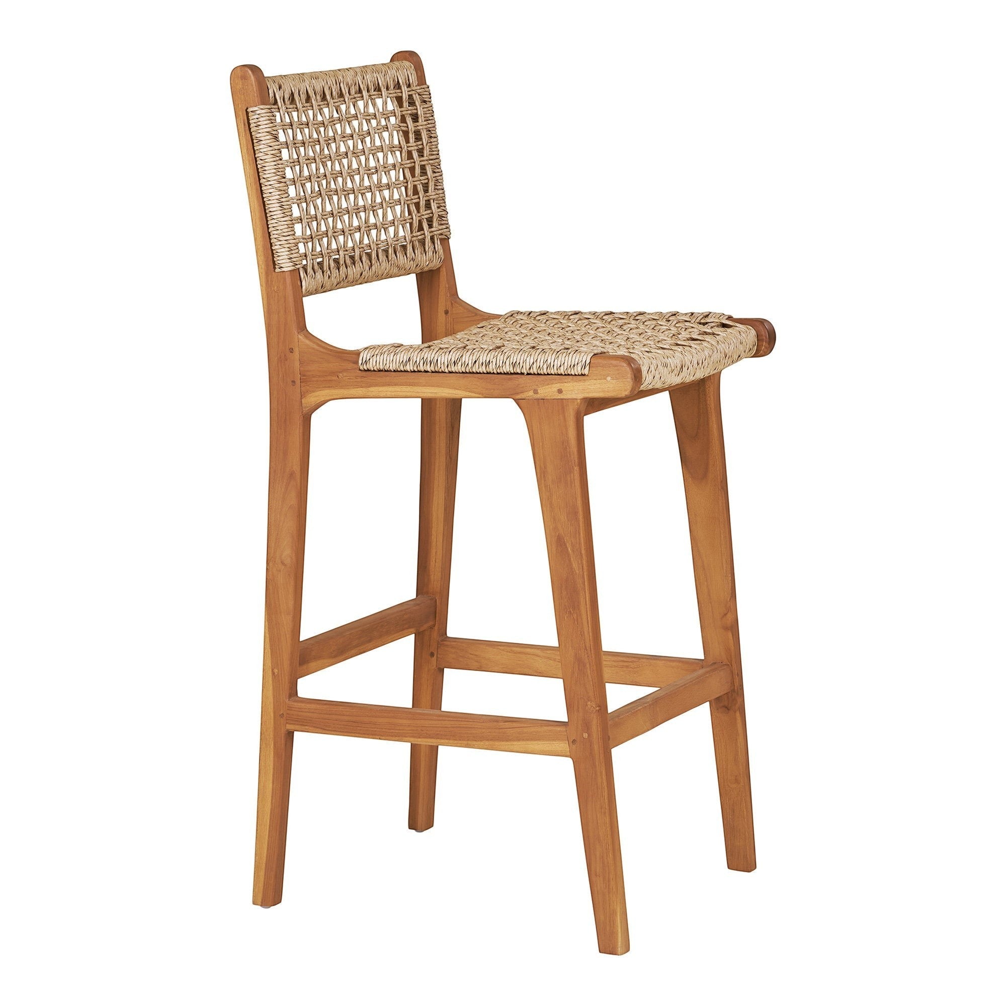 Kayu Living Derby counter chair with natural teak wood frame and durable woven PE rattan seat for indoor or outdoor use
