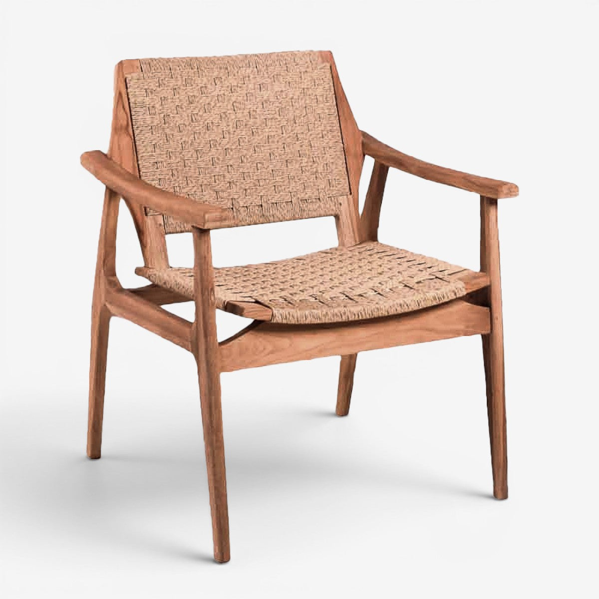 Kayu Living Stacking Silla chair made of natural teak wood with a woven rattan seat and backrest.