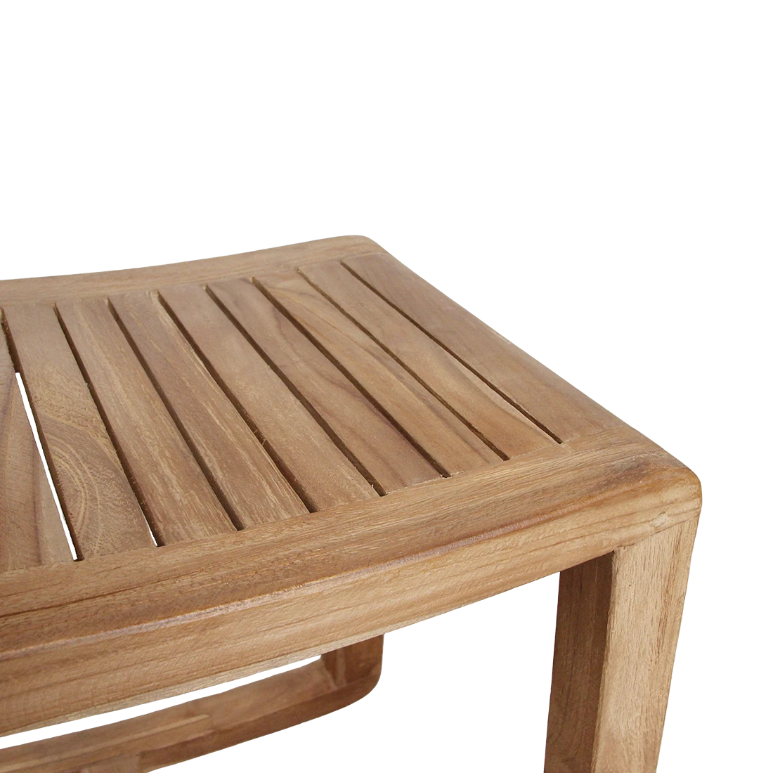 Kayu Living handcrafted solid teak rocking stool with a slatted seat and warm natural wood grain