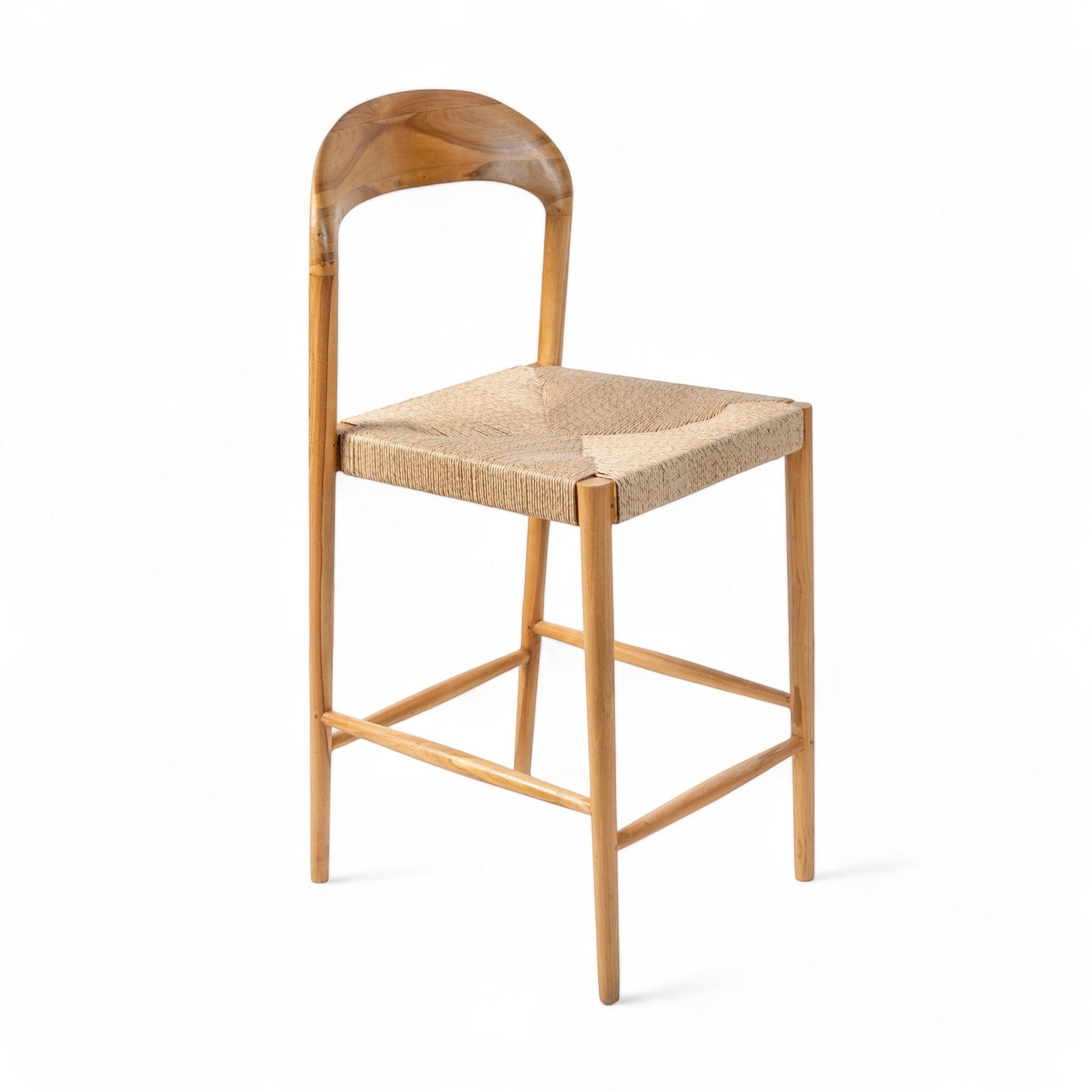 Kayu Living Cemagi teak and natural rope counter stool with curved back. Modern design for indoor/outdoor use.
