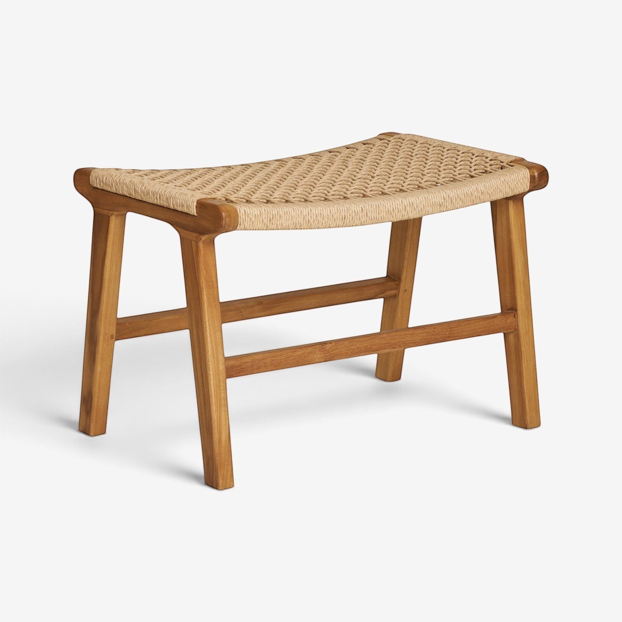 Kayu Living Derby footstool featuring a natural teak wood frame and a woven rope seat for indoor or outdoor use.