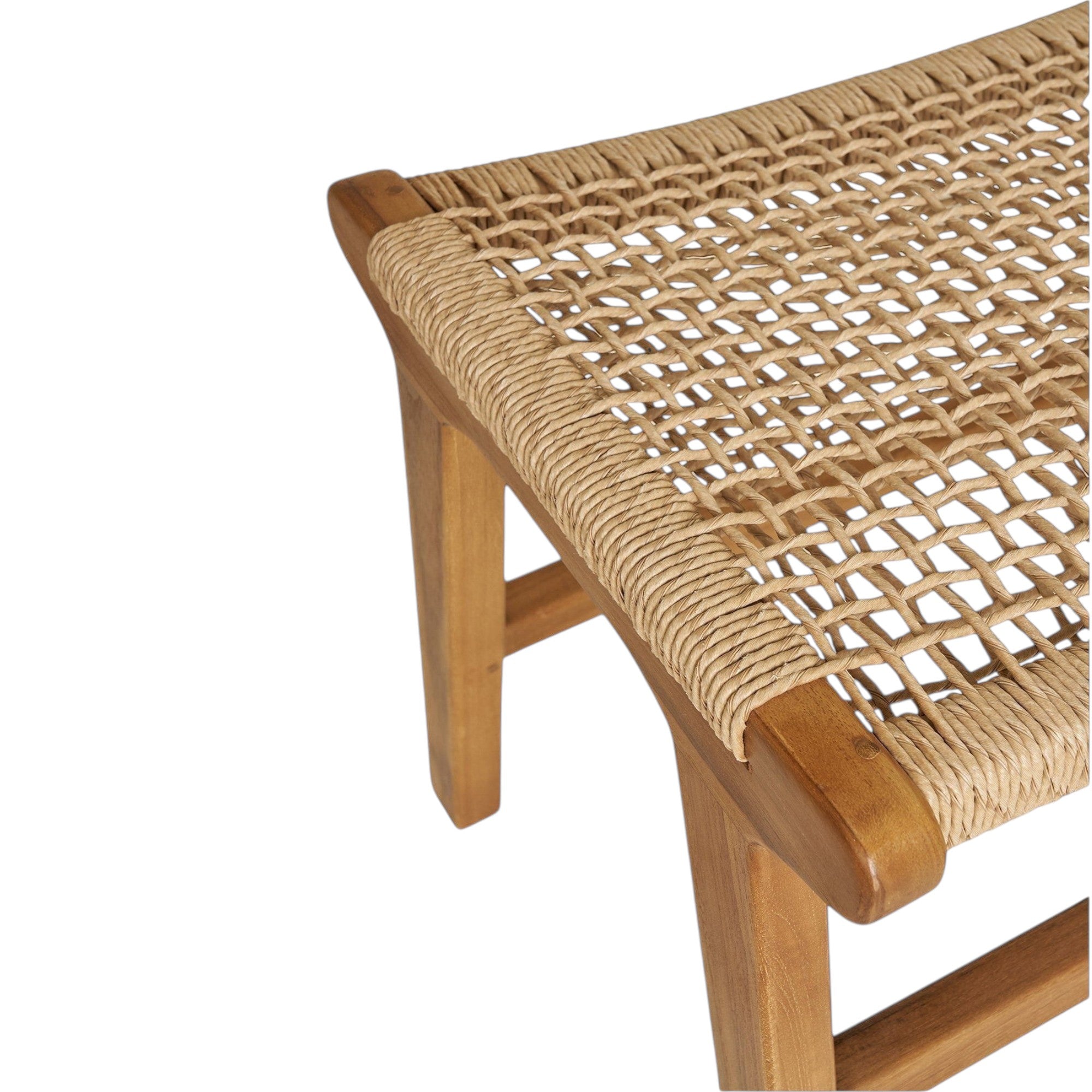 Kayu Living Derby footstool featuring a natural teak wood frame and a woven rope seat in a neutral beige tone.