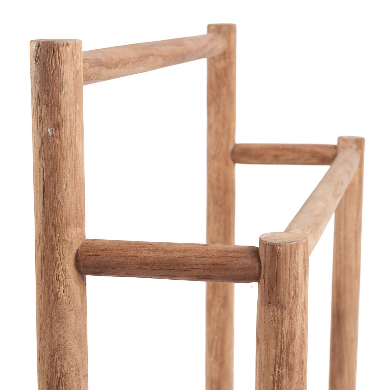Kayu Living handmade natural teak towel hanger with a rustic finish for bathroom or outdoor use.