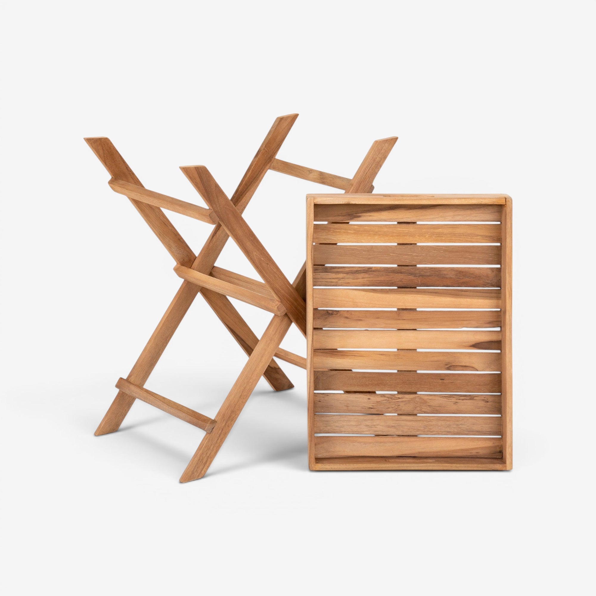 Kayu Living natural teak tray table with warm finish, slatted design, and folding base. Versatile side table.